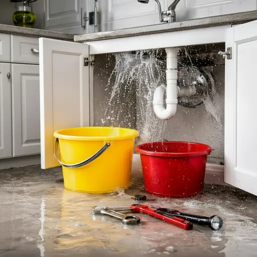Emergency plumbing repair Phoenix - burst pipe flooding kitchen with buckets catching water